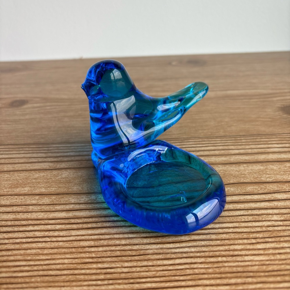 Vintage Blue Blown Glass Bird Votive Candle Holder Signed & Dated 1987